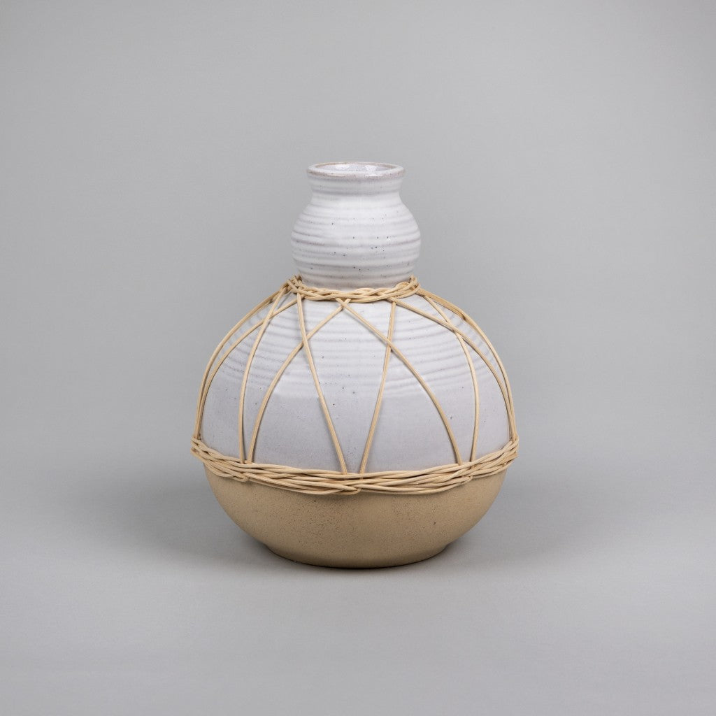 White Stone and Rattan Detail Wide Vase-0